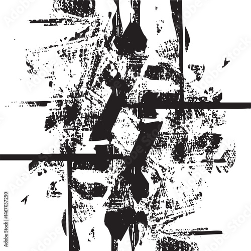 A distressed fragmented black and white depicts a towering structure with sharp angles.