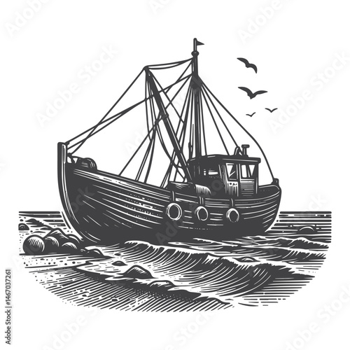 Vintage Hand-Drawn Old and Rusty Fishing Boat Illustration – Coastal Scene Engraved Style Vector for T-Shirts, Posters, Stickers, and Nautical Themes Apparel