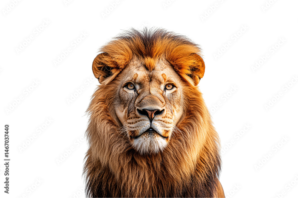 Obraz premium Regal male lion stares ahead, golden mane full and commanding, embodying power, wisdom, and dominance, isolated on a transparent background