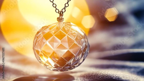A faceted crystal ball pendant rests on soft fabric, illuminated by warm light