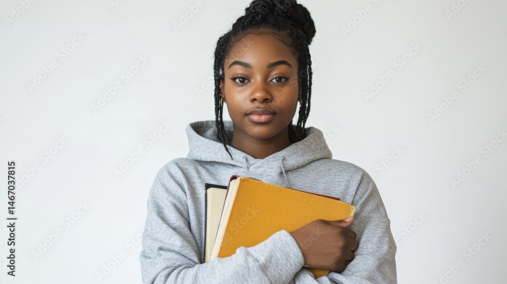 Obraz premium Portrait of Young African Woman Holding Books in Gray Hoodie