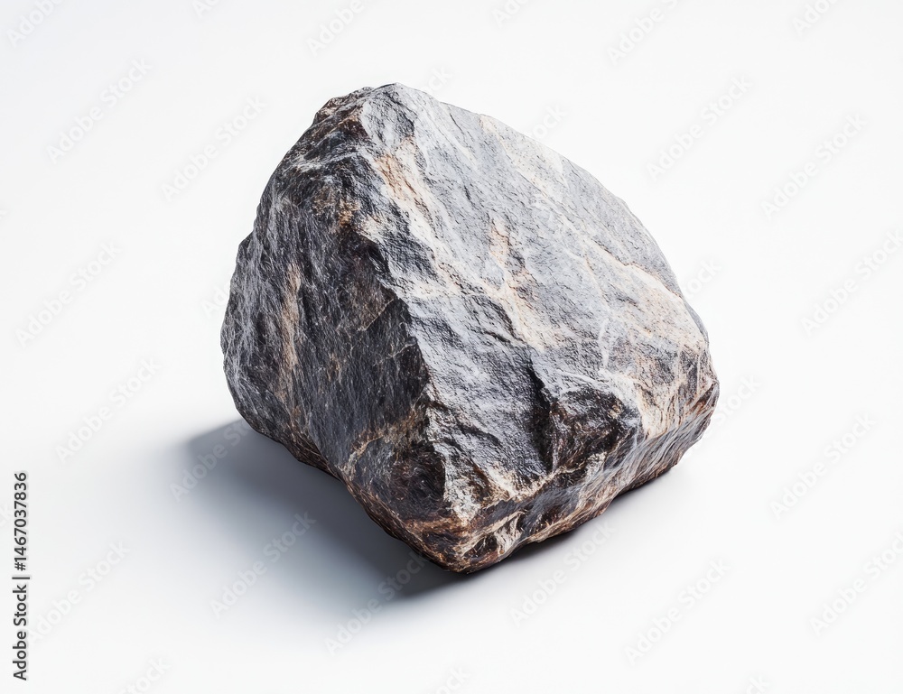 Gray rock with uneven texture. A substantial, irregular shaped stone, dark gray with lighter veining, sits on a white background. Its surface is rough and detailed Gray rock with uneven texture. A substantial, irregular shaped stone, dark gray with lighter veining, sits on a white background. Its surface is rough and detailed