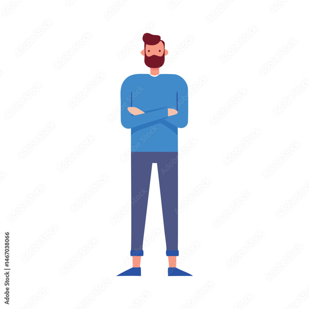 Obraz premium Graphic illustration of a smiling man with crossed arms wearing blue sweater and pants in a minimalist style