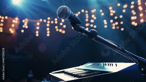 A microphone and keyboard on a dimly lit stage, ready for a performance
