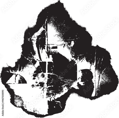 A textured grayscale of a triangular form with layered elements.