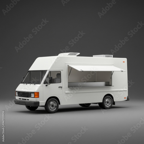White food truck with open awning in a gray studio setting. Food vendor business in a modern, minimalist aesthetic. Use for advertising or editorial purposes.