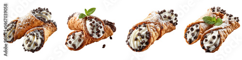 Cannoli Pastry, Crispy shell filled with sweet ricotta cream and chocolate chips, Italian Dessert, isolated on white background or PNG transparent Background