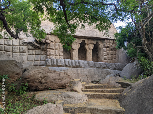 A Rock cut cave temple at Mamallapuram, Tamilnadu, India.