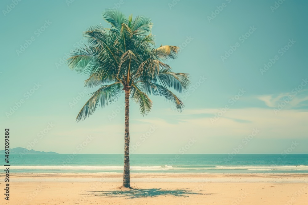 Fototapeta premium Isolated palm tree on a sandy beach under a clear blue sky.