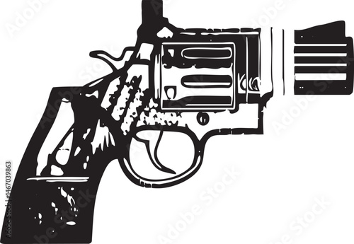 A black and white revolver is held against a white background.