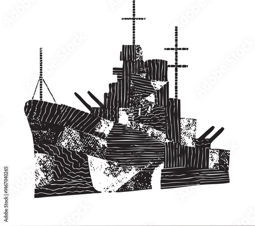 A stylized black and white depicts a ship fragment amidst waves.