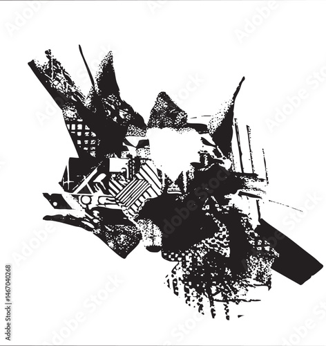 Abstract geometric shapes collide in a dynamic textured composition.