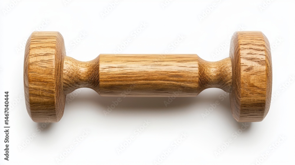 A single wooden dumbbell rests on a plain white surface, its natural wood grain providing an aesthetic contrast against the clean background for exercise art. A single wooden dumbbell rests on a plain white surface, its natural wood grain providing an aesthetic contrast against the clean background for exercise art.