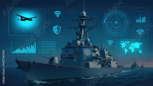 Modern naval ship navigating through digital data visualization in high-tech warfare environment at dusk