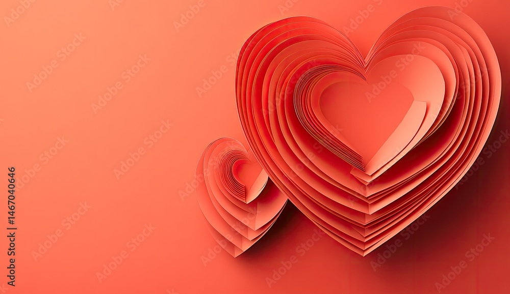 Two layered coral hearts on coral background. Layered paper hearts, creating a 3D effect. Small heart nested within a larger one Two layered coral hearts on coral background. Layered paper hearts, creating a 3D effect. Small heart nested within a larger one