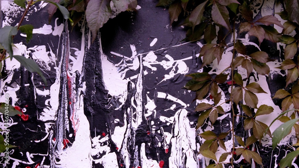 black white abstract, painting with plant leaves