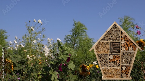 insect hotel against wildflower border