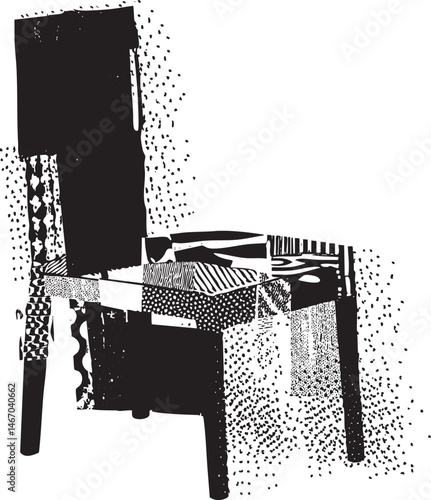 A stylized black and white chair sits on a textured surface.