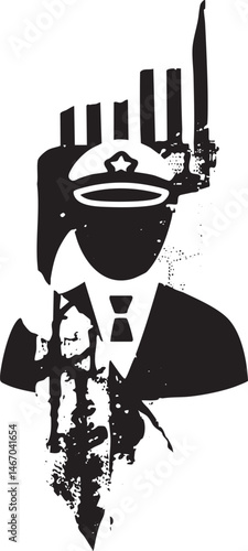 A silhouetted figure in a uniform stands amidst fragmented vertical lines.