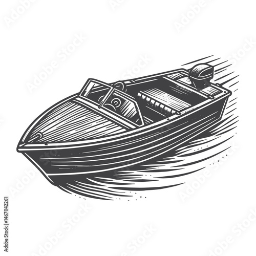 Vintage Hand-Drawn Motorboat on Lake Illustration – Nautical Scene Engraved Style Vector for T-Shirts, Posters, Stickers, and Water Sports Themes Apparel