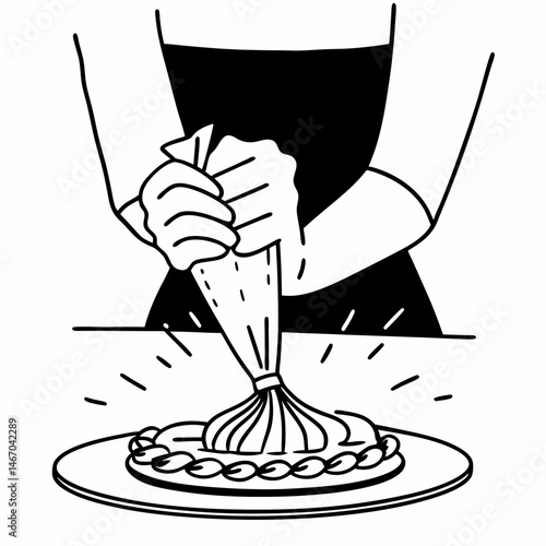 A confectioners squeezes liquid cream from a pastry bag