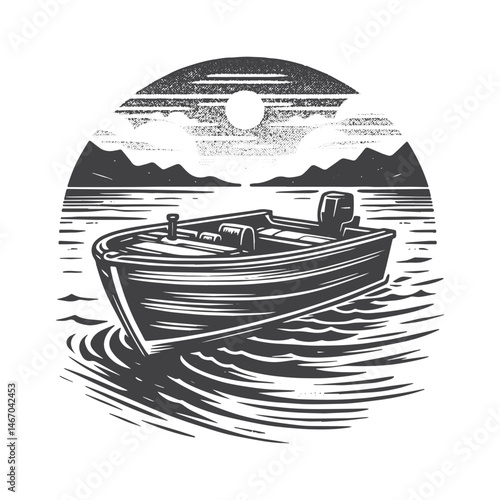 Vintage Hand-Drawn Motorboat on Lake Illustration – Nautical Scene Engraved Style Vector for T-Shirts, Posters, Stickers, and Water Sports Themes Apparel