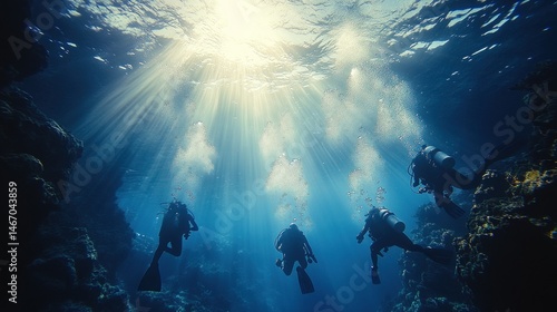 Wallpaper Mural Divers exploring underwater sunlit coral reef Torontodigital.ca