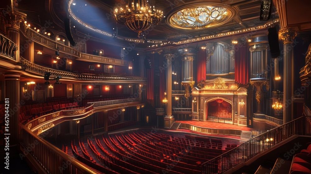 Obraz premium Grand Theater Interior, Empty Seats, Ornate Decoration, Suitable for Event Planning
