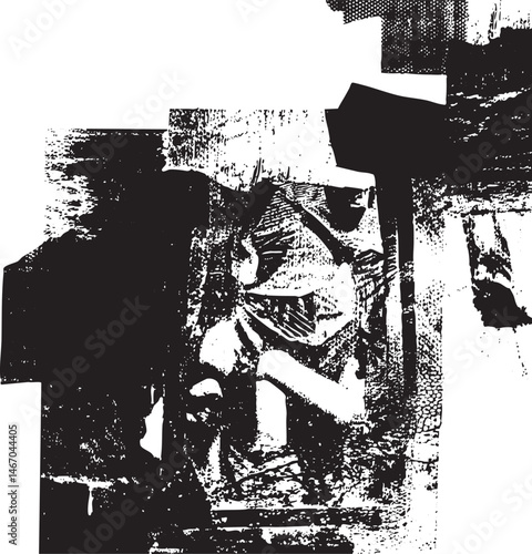 A solitary figure stands within a fragmented textured interior space.