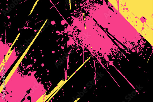 Abstract pink and yellow vector paint splatter texture on black. Grungy, energetic background element for modern design work.