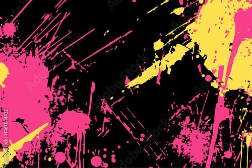 Dynamic pink and yellow vector paint splatter texture on black. Abstract grunge background element for contemporary graphic design.