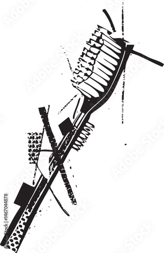 A black and white depicts a large comb with numerous tines.