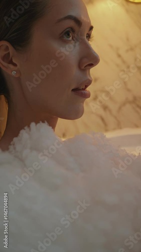 Young woman relaxing in foamy bubble bath with soft warm lighting and marble background

