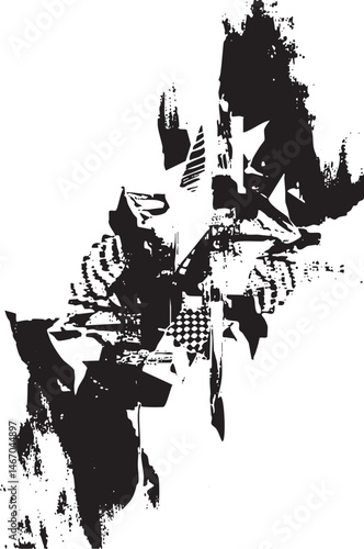 Black and white abstract shapes collide in a dynamic composition.