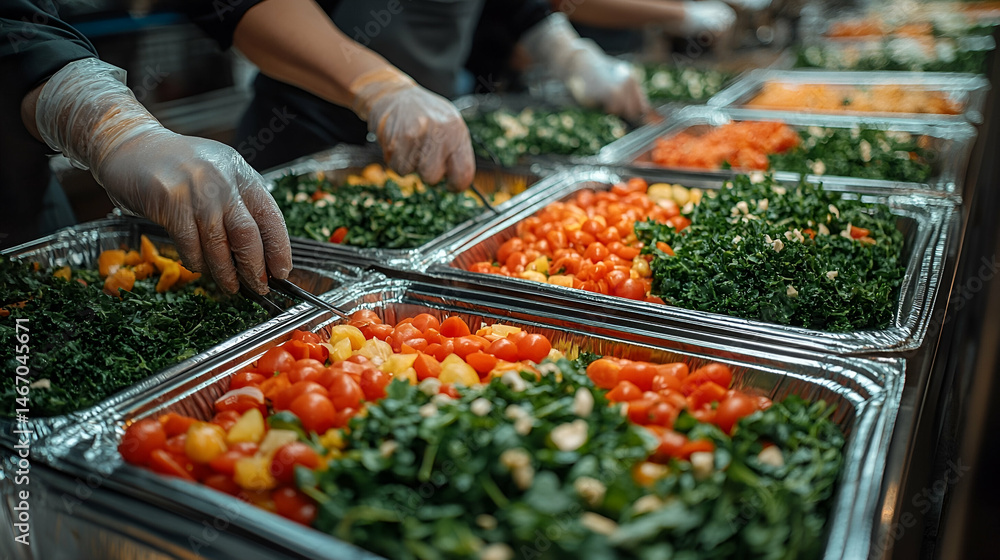 Hands in Gloves Preparing Colorful Salad in Catering Trays Hands in Gloves Preparing Colorful Salad in Catering Trays