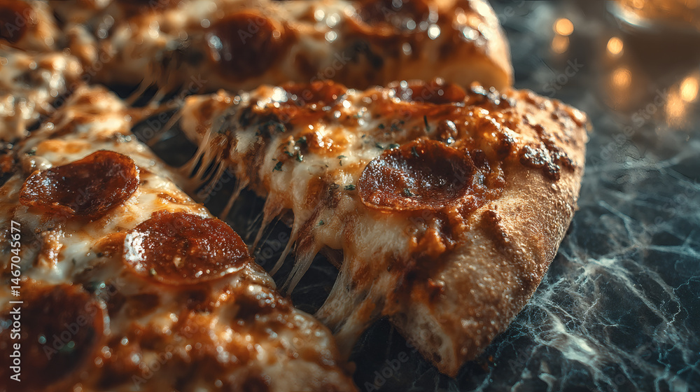 A mouthwatering close-up captures the deliciousness of a pepperoni pizza slice with cheese. A mouthwatering close-up captures the deliciousness of a pepperoni pizza slice with cheese.
