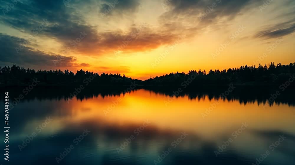 Vibrant sunset reflected in a calm lake, silhouetted by trees Vibrant sunset reflected in a calm lake, silhouetted by trees