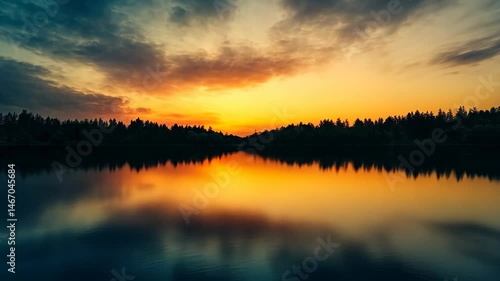 Wallpaper Mural Vibrant sunset reflected in a calm lake, silhouetted by trees Torontodigital.ca