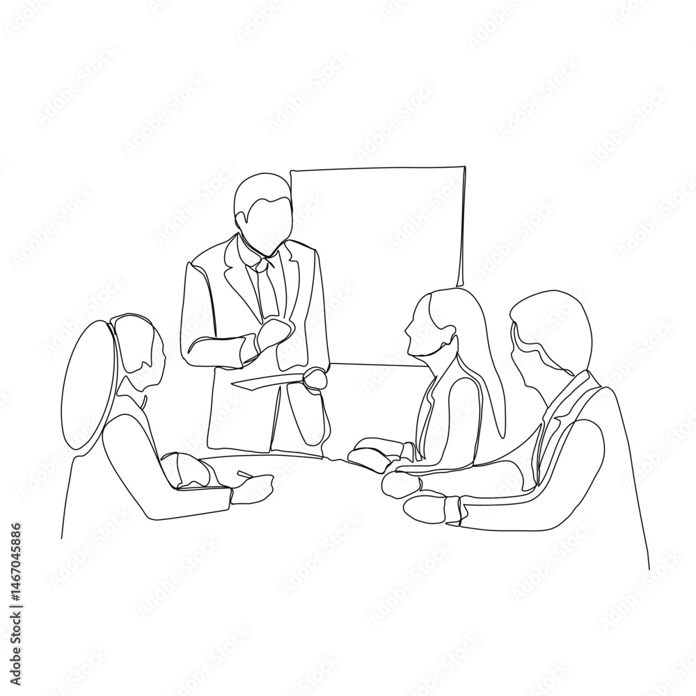 Single continuous line drawing of businessman meeting and presentation in the office illustration. Marketing plan presentation for team members, business meeting concept, single line art. Single continuous line drawing of businessman meeting and presentation in the office illustration. Marketing plan presentation for team members, business meeting concept, single line art.