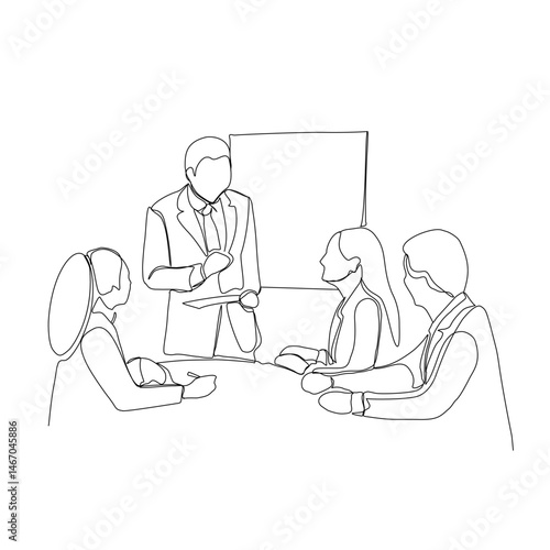 Single continuous line drawing of businessman meeting and presentation in the office illustration. Marketing plan presentation for team members, business meeting concept, single line art.