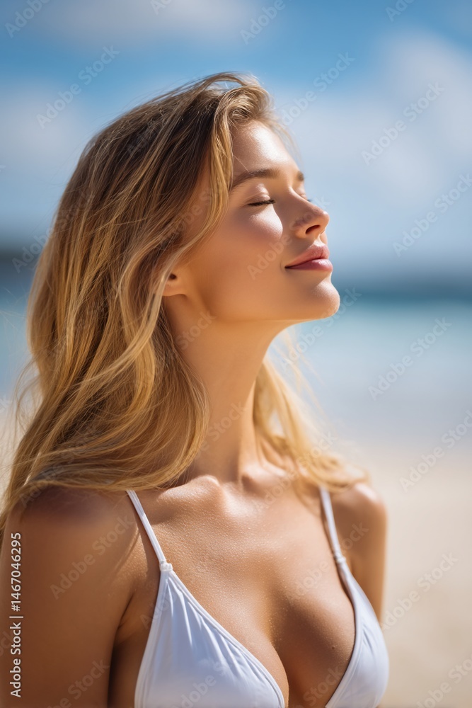 Sunny blonde woman in white top basks in sunlight by the beach, face to the sky Sunny blonde woman in white top basks in sunlight by the beach, face to the sky