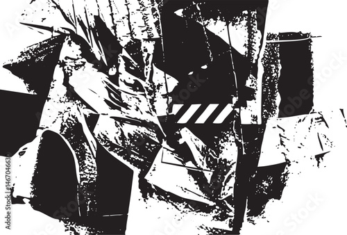 A grayscale portrait of a person’s face partially obscured by fragmented geometric shapes.