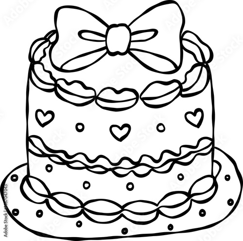 Coquette Vintage Cake – Retro Hand-Drawn Line Art Clipart