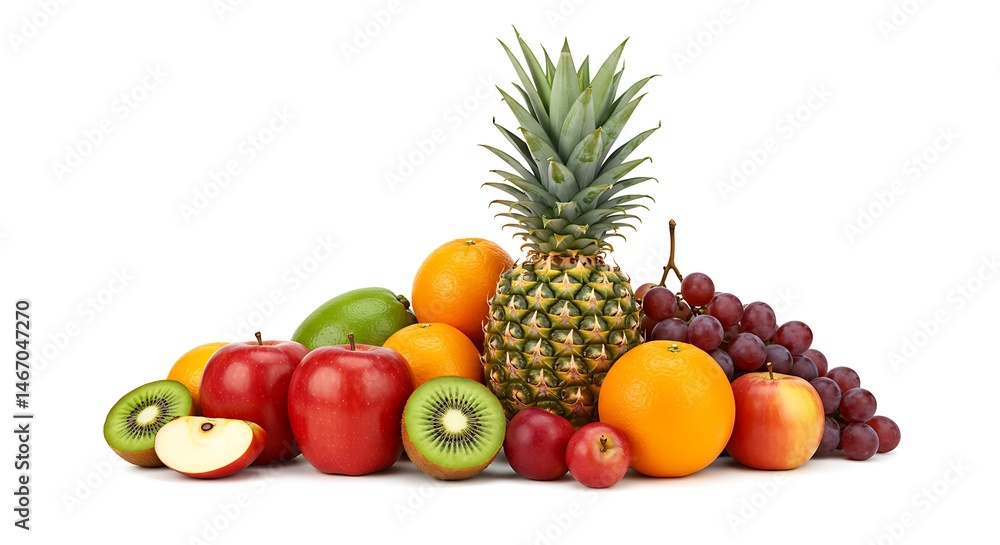 Fresh fruits apple orange pineapple kiwi grapes healthy food fruit salad tropical fruits still life diet 100 on transparent background Fresh fruits apple orange pineapple kiwi grapes healthy food fruit salad tropical fruits still life diet 100 on transparent background