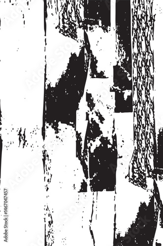 A solitary figure stands amidst fragmented wooden panels in a stark monochrome setting.