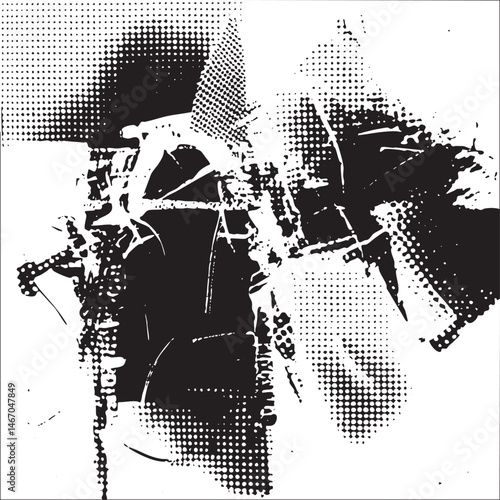 A fragmented textured figure emerges from a patterned background.