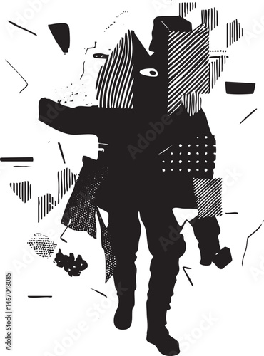 A silhouetted figure is enveloped in a fragmented geometric .