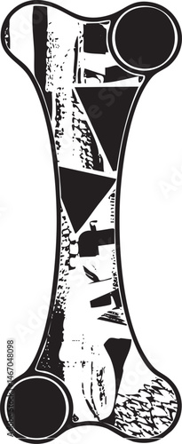 A stark black and white depicts a broken bone forming an abstract shape.