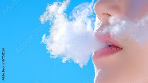 Person Exhaling White Vapor Against a Blue Sky