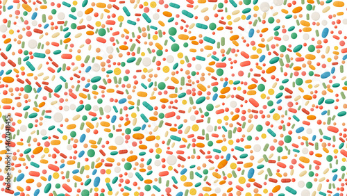 Scattered array of pharmaceutical pills on a transparent background — ideal for overlays, design elements, or concepts related to medicine, health, and synthetic treatments.